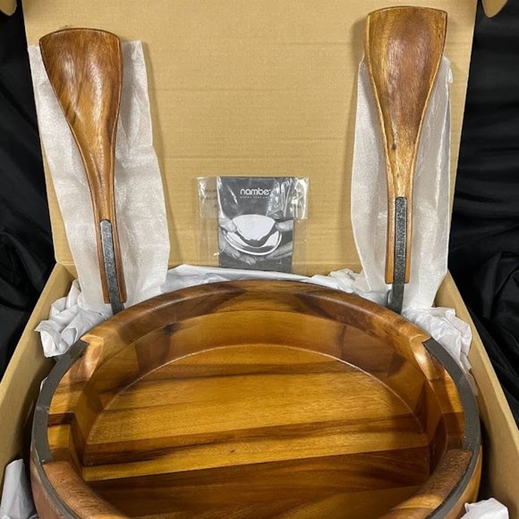 Nambe Salad Set Acacia Wood and Iron Finished Metal Set with 14" Servers Brown - Picture 3 of 9